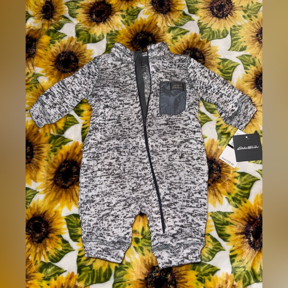 Eddie Bauer Gray Marled Baby Zip-Up Footed One-Piece- NWT